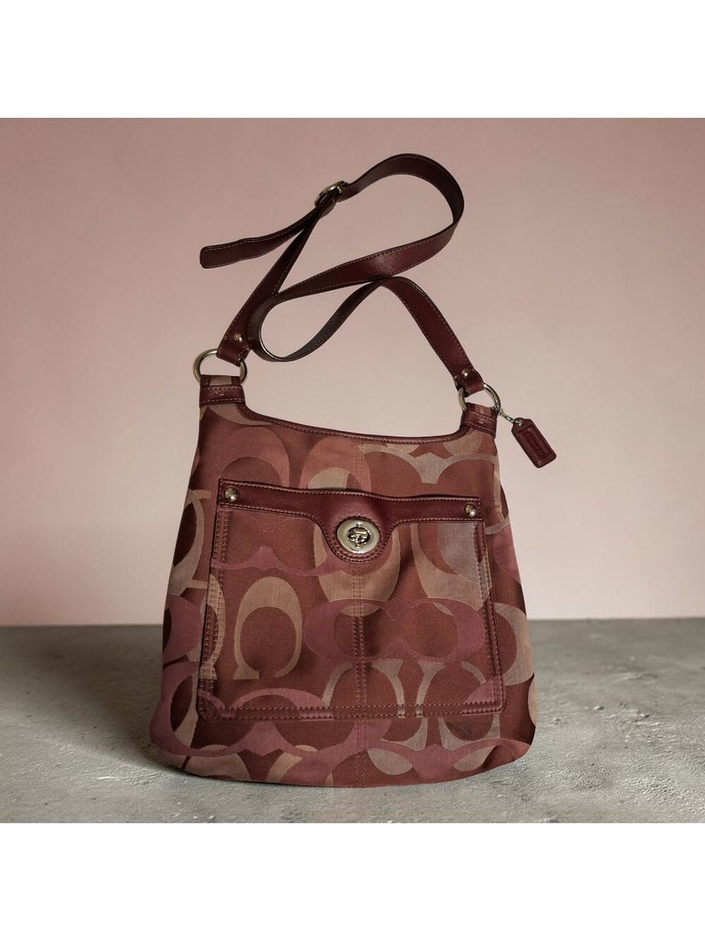 Coach Penelope Optic Hippie Signature Maroon Crossbody Bag 10x10 - Picture 1 of 9